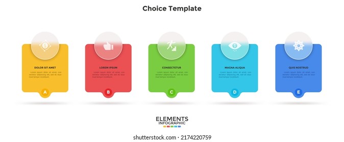 Business model with 5 cards behind translucent circles placed in horizontal row. Concept of five features of startup project. Minimal infographic design template. Modern flat vector illustration.