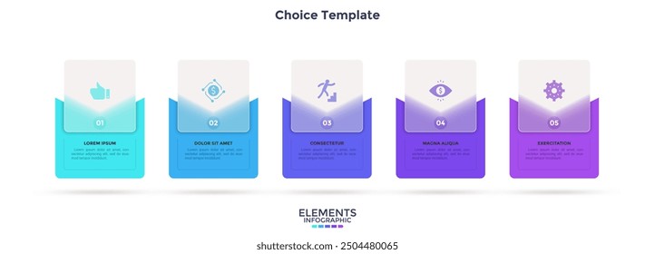 Business model with 5 cards behind translucent squares placed in horizontal row. Concept of five business messages to choose. Simple infographic design template. Modern flat vector illustration.