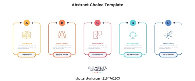 Business model with 5 rectangular frames placed in horizontal row. Concept of five features of startup project. Simple infographic design template. Modern flat vector illustration for presentation.