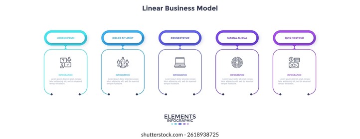 Business model with 5 rectangular frames placed in horizontal row. Concept of five features of startup project. Simple infographic design template. Modern flat vector illustration for presentation.