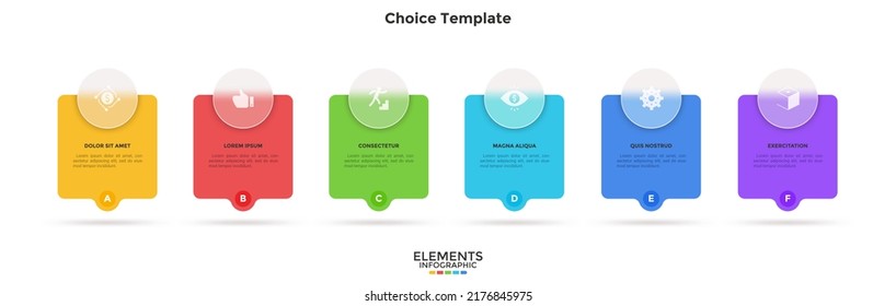 Business model with 6 cards behind translucent circles placed in horizontal row. Concept of six features of startup project. Minimal infographic design template. Modern flat vector illustration.