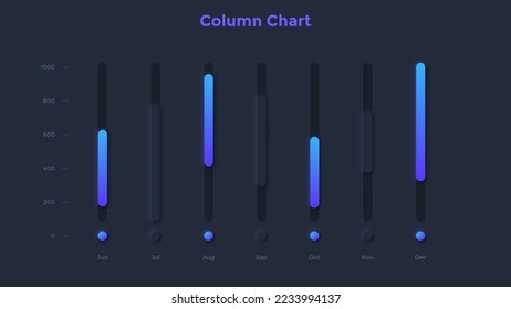 Business model with 6 columns or vertical sliders placed in horizontal row. Concept of monthly stages of company development. Dark neon infographic design template. Мector illustration for report.