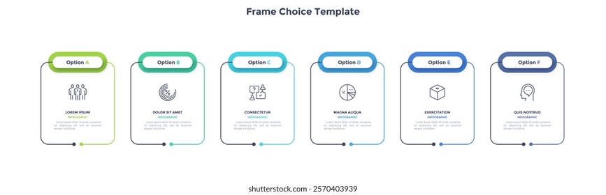 Business model with 6 rectangular frames placed in horizontal row. Concept of six features of startup project. Simple infographic design template. Modern flat vector illustration for presentation.