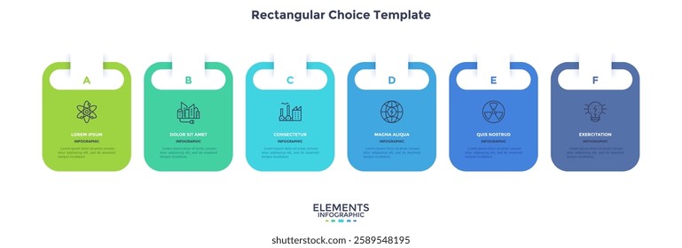 Business model with 6 rectangular frames placed in horizontal row. Concept of six features of startup project. Simple infographic design template. Modern flat vector illustration for presentation.