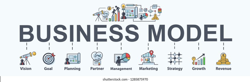 Business Model Banner Web Icon For Business And Marketing, Vision, Goal, Strategy, Planning, Partner, Strategy, Management And Revenue. Minimal Vector Infographic.