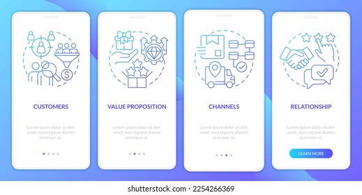 Business model canvas blue gradient onboarding mobile app screen  Management walkthrough 4 steps graphic instructions and linear concepts  UI  UX  GUI template  Myriad Pro  Bold  Regular fonts used