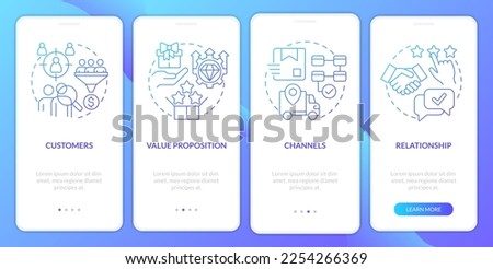 Business model canvas blue gradient onboarding mobile app screen. Management walkthrough 4 steps graphic instructions with linear concepts. UI, UX, GUI template. Myriad Pro-Bold, Regular fonts used
