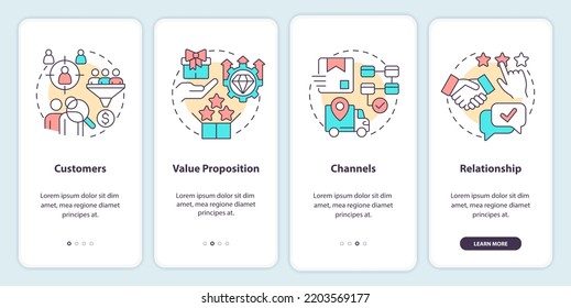 Business Model Canvas Onboarding Mobile App Screen. Management-exemplarische Vorgehensweise in 4 Schritten editierbare grafische Anleitungen mit linearen Konzepten. UI, UX, GUI-Vorlage. Myriad Pro-kühne, Standardschriftarten verwendet