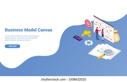 business model canvas paper document meeting discussion template with team people and modern isometric style for website template or landing homepage - vector svg