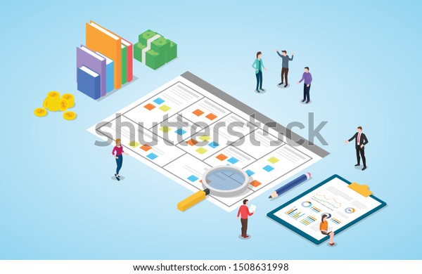 business model\
canvas paper document meeting discussion template with team people\
and modern isometric style -\
vector