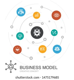 business model colored circle concept with simple icons. Contains such elements as strategy, teamwork, marketing, solution icons