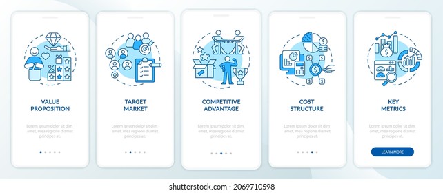 Business model components blue onboarding mobile app page screen. Company development walkthrough 5 steps graphic instruction with concepts. UI, UX, GUI vector template with linear color illustrations