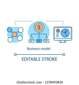 Business model concept icon. Startup development strategy. Finance distribution. Marketing research. Investment plan idea thin line illustration. Vector isolated outline drawing. Editable stroke