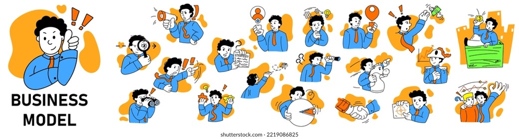 Business model concept. Mega set of vector illustrations. Young business man taking part in business activities. Motivation, investment, innovation, business target, cash flow and stock market