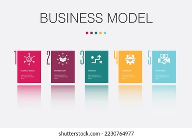 Geschäftsmodell, Vertrieb, Strategie, Teamwork, Investitionssymbole Infografische Design-Vorlage. Kreatives Konzept mit 5 Schritten