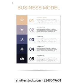 business model, distribution, strategy, teamwork, investment, icons Infographic design layout design template. Creative presentation concept with 5 steps