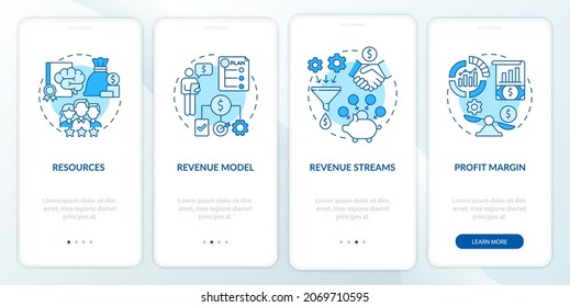 Modelo de negocio essentials azul en la pantalla de la página de aplicaciones móviles. Recorrido de finanzas de la empresa 4 pasos de instrucciones gráficas con conceptos. UI, UX, plantilla de vector GUI con ilustraciones de color lineales