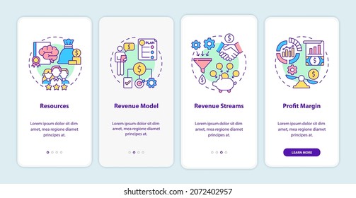 Business model essentials onboarding mobile app page screen. Company finance walkthrough 4 steps graphic instructions with concepts. UI, UX, GUI vector template with linear color illustrations