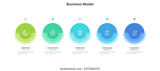 Business model with five colorful circles placed in horizontal row. Concept of 5 stages of startup development. Modern infographic design template. Glassmorphism vector illustration for report.