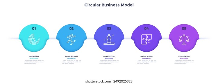 Business model with five colorful circular elements placed in horizontal row. Concept of 5 options of startup project to choose. Modern flat vector illustration for information analysis, banner.