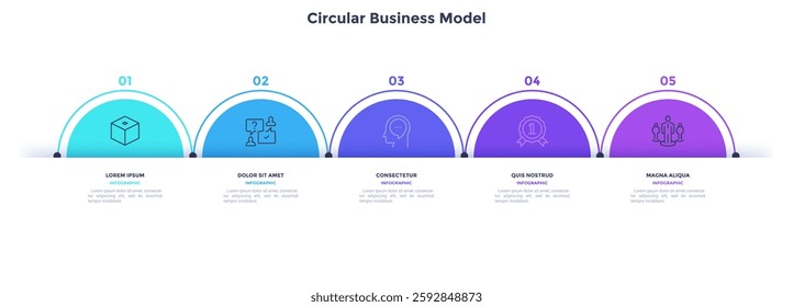 Business model with five colorful circular elements placed in horizontal row. Concept of 5 options of startup project to choose. Modern flat vector illustration for information analysis, banner.