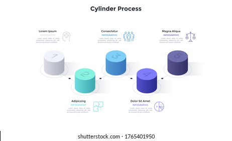 Business model with five cylinders connected by zigzag line. Concept of 5 steps of marketing strategy. Minimal infographic design template. Modern isomeric vector illustration for presentation, report