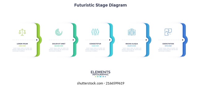 Business model with five paper white rectangular elements placed in horizontal row. Concept of 5 stages of business progress. Minimal infographic design template. Futuristic flat vector illustration.