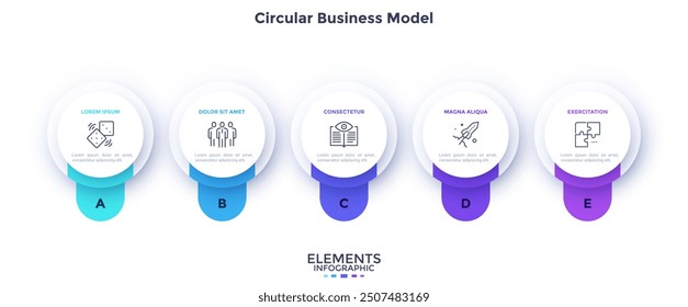 Modelo de negocio con cinco Elementos redondos blancos de papel o Botones colocados en fila Horizontal. Concepto de 5 opciones de negocio para seleccionar. Mínima Plantilla de diseño de infografía. Moderna Ilustración vectorial plana.