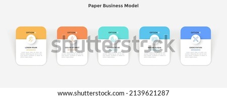 Business model with five paper white rectangular elements or cards arranged in horizontal row. Concept of 5 services provided by company. Simple infographic design template. Flat vector illustration.