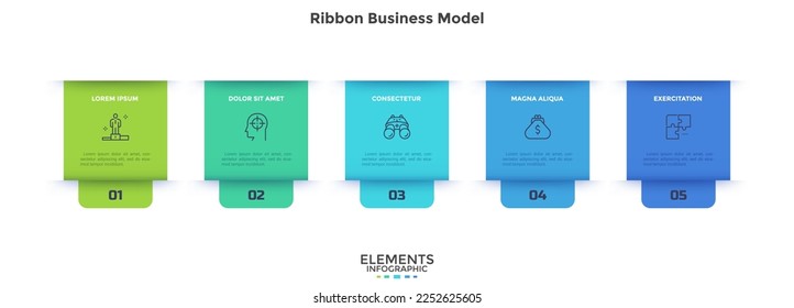 Business model with five rectangular ribbon elements placed in horizontal row. Concept of 5 steps of business strategy. Simple infographic design template. Modern flat vector illustration for banner.