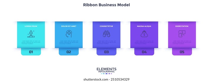 Business model with five rectangular ribbon elements placed in horizontal row. Concept of 5 steps of business strategy. Simple infographic design template. Modern flat vector illustration for banner.