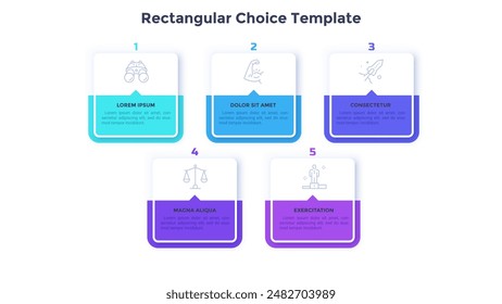 Business model with five rectangular or square elements. Concept of 5 services provided by startup company to choose. Simple flat colorful vector illustration for presentation, report, data analysis.