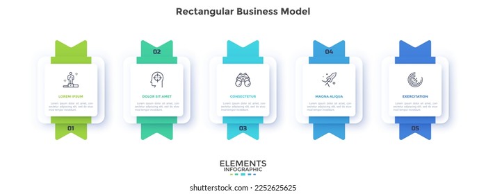 Business model with five square paper white elements with ribbons placed in horizontal row. Concept of 5 steps of startup project development. Infographic design template. Flat vector illustration.