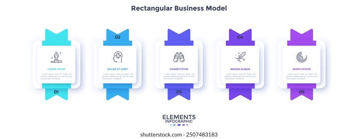 Business model with five square paper white elements with ribbons placed in horizontal row. Concept of 5 steps of startup project development. Infographic design template. Flat vector illustration.