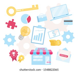 Business model flat vector illustration. Retailing process. Managing business concept. E-commerce. Online shop activity. Sales workflow. Brainstorming ideas. Office objects isolated on white