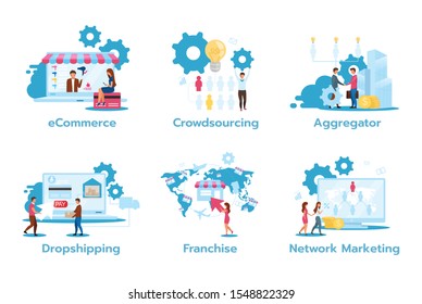 Business model flat vector illustrations set. E-commerce. Crowdsourcing. Aggregator. Dropshipping. Franchise. Network marketing. Trading strategies. Isolated cartoon characters