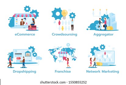 Business model flat vector illustrations set. E-commerce. Crowdsourcing. Aggregator. Dropshipping. Franchise. Network marketing. Trading strategies. Isolated cartoon characters