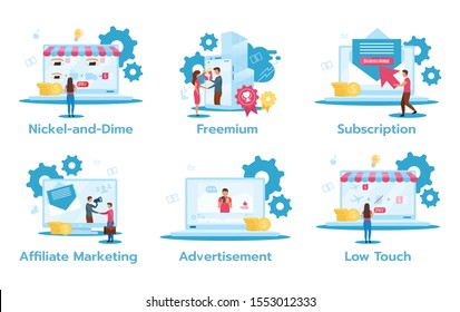 Business model flat vector illustrations set. Nickel-and-dime. Freemuim. Subscription. Affiliate marketing. Advertisement. Low touch. Trading strategies. Isolated cartoon characters