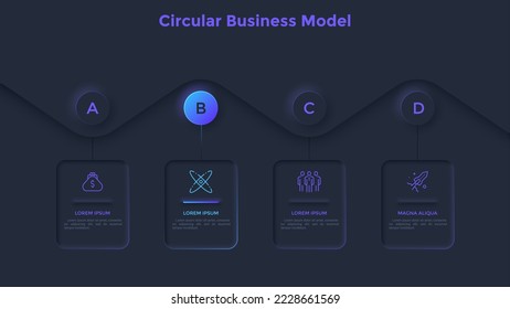 Business model with four cards glowing in darkness placed in horizontal row. Concept of 4 steps of project development process. Realistic dark infographic design template. Modern vector illustration.