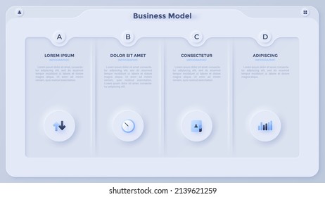 Business model with four cards and round buttons arranged in horizontal row. Concept of 3 features of startup project. Minimal infographic design template. Modern flat vector illustration for banner.