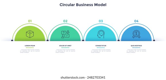 Modelo de negocio con cuatro coloridos Elementos circulares colocados en fila Horizontal. Concepto de 4 opciones de proyecto de inicio a elegir. Ilustración vectorial plana moderna para análisis de información, Anuncio.