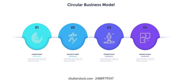 Business model with four colorful circular elements placed in horizontal row. Concept of 4 options of startup project to choose. Modern flat vector illustration for information analysis, banner.