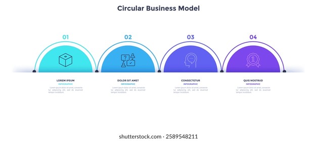 Business model with four colorful circular elements placed in horizontal row. Concept of 4 options of startup project to choose. Modern flat vector illustration for information analysis, banner.