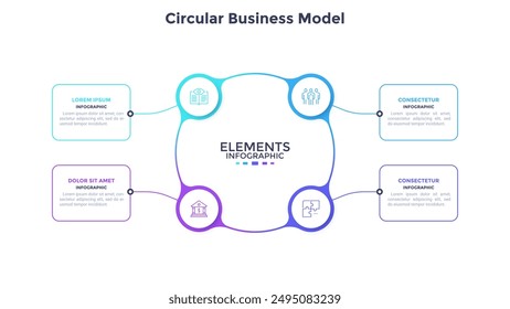 Business model with four connected paper white circular elements. Concept of four characteristics of startup project. Minimal infographic design template. Modern flat vector illustration for report.