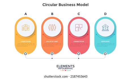 Geschäftsmodell mit vier verbundenen abgerundeten Elementen in horizontaler Reihe. Konzept von 4 strategischen Optionen des Startprojekts. Einfache Infografik-Design-Vorlage. Moderne, flache Vektorgrafik.