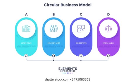 Business model with four connected rounded elements placed in horizontal row. Concept of 4 strategic options of startup project. Simple infographic design template. Modern flat vector illustration.