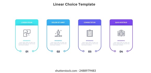 Business model with four linear rectangular elements placed in horizontal row. Concept of 4 features of service provided by company to choose. Simple flat vector illustration for data analytics.