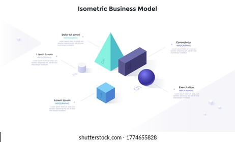 Modelo de negocio con cuatro objetos geométricos numerados en 3d. Concepto de 4 etapas del proyecto de inicio. Plantilla sencilla de diseño infográfico. Ilustración vectorial isomérica moderna para el informe de análisis estratégico.