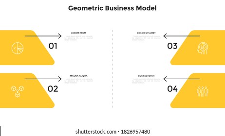 Business model with four numbered elements and arrows. Concept of 4 options or features of startup project. Modern infographic design template. Minimal flat vector illustration for banner, report.