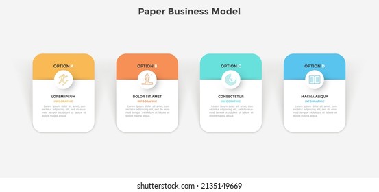 Business model with four paper white rectangular elements or cards arranged in horizontal row. Concept of 4 services provided by company. Simple infographic design template. Flat vector illustration.